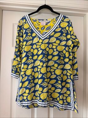 Gretchen Scott Designs Yellow Tunic with Navy Leaf Print